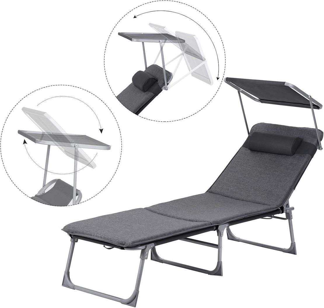 SONGMICS Sezlong pliabil, cu saltea, parasolar si tetiera, spatar reglabil in 4 pozitii, maxim 150kg, 193x53x30 cm, gri