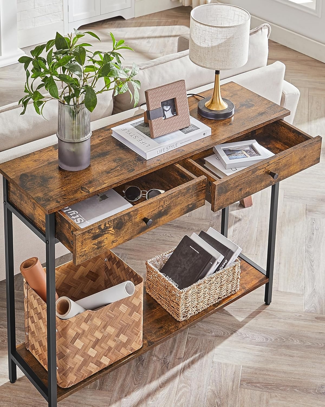 VASAGLE Masa consola pentru hol cu 2 sertare, stil industrial, PAL si cadru metalic, 100x30x80 cm, maro rustic