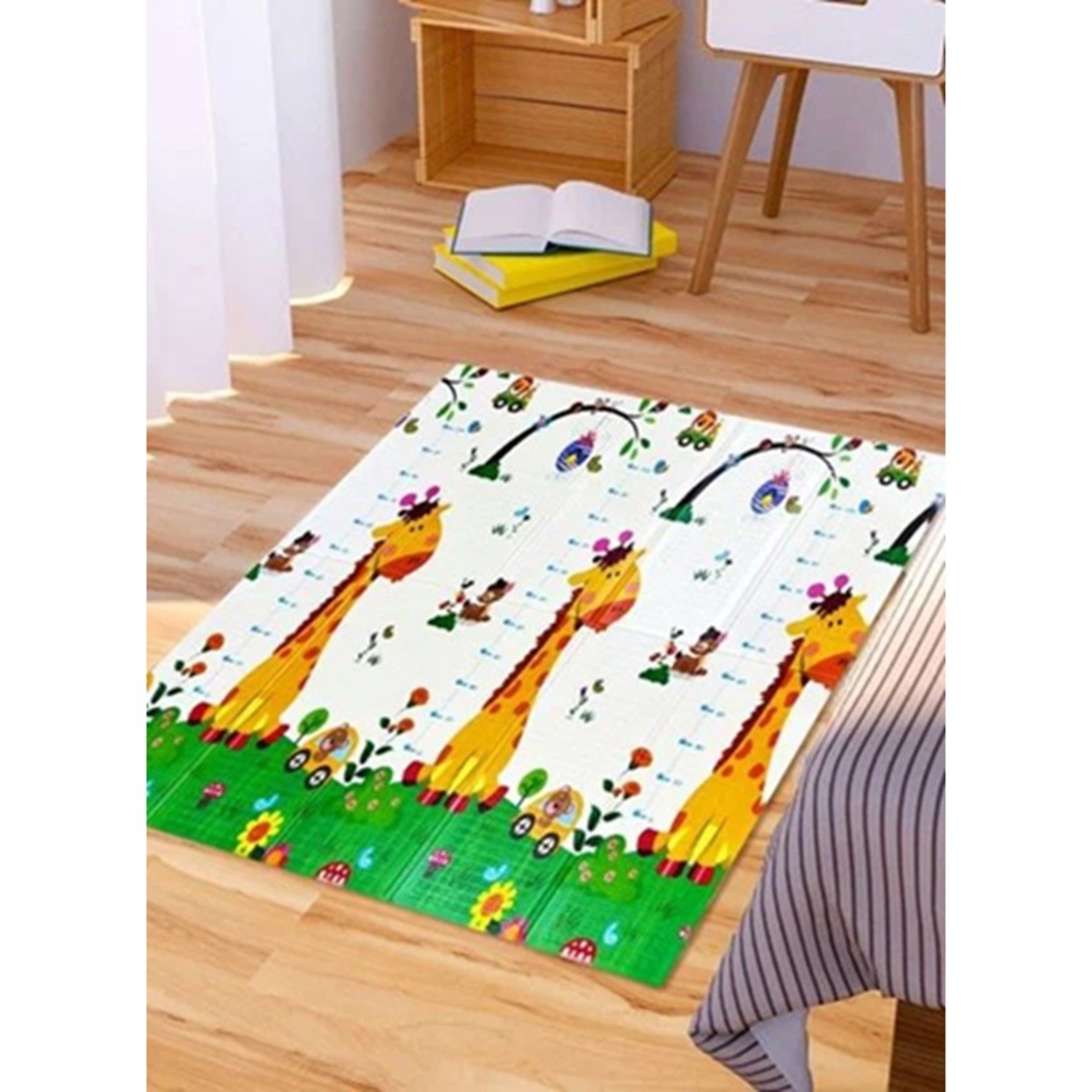 Covoras pentru Copii, Flippy, cu 2 Fete, Model Trafic/Girafe, din XPE+PE, Impermeabil, Antiderapant, Protectie Termica, +3 Luni, Pliabil, 180 x 200 x 1 cm, Multicolor