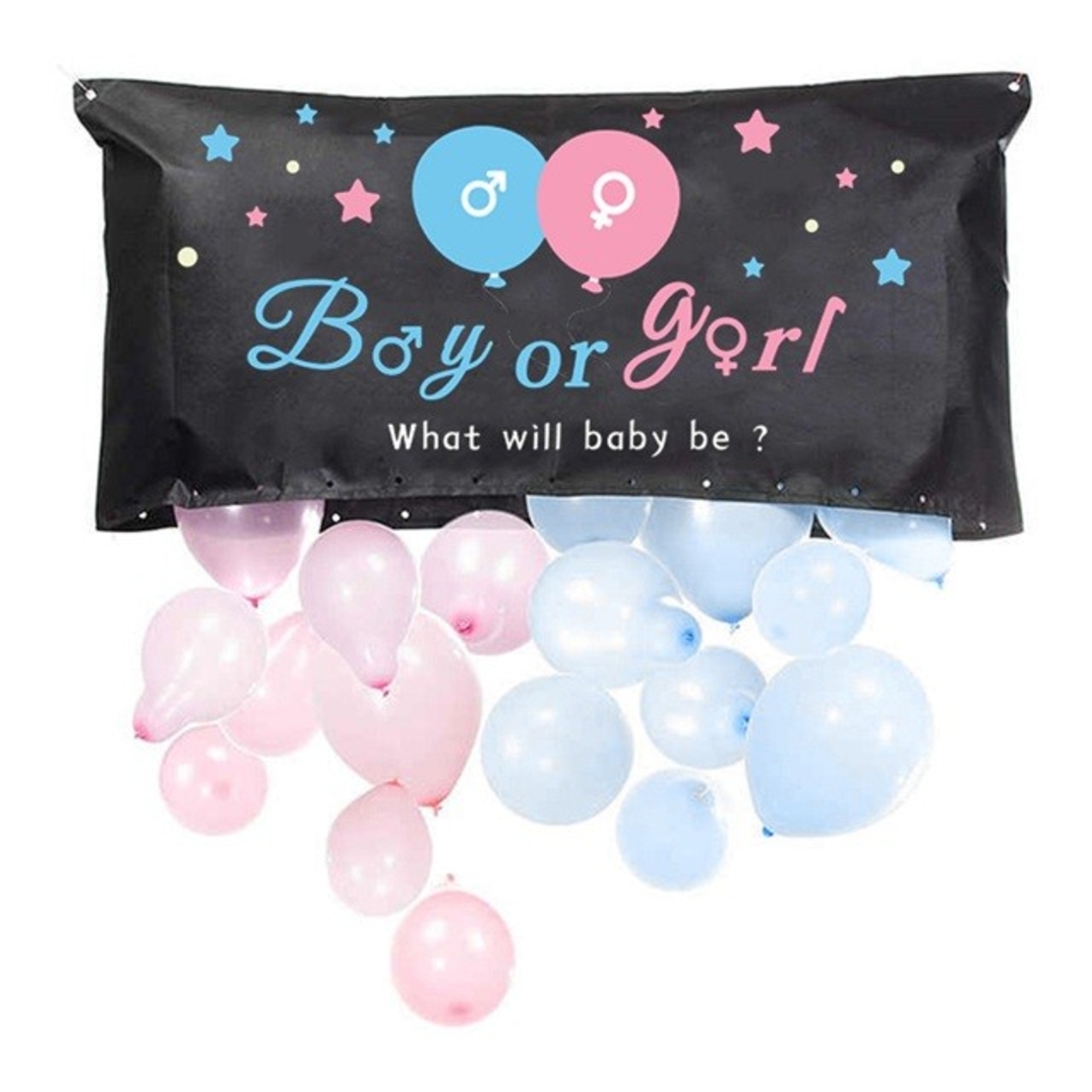 Set Gender Reveal, Vafy, Balloon Drop Bag, din Plastic si Latex, 24 Baloane Roz si Albastru 13 cm, Sac pentru Baloane 60 x 120 cm, Multicolor
