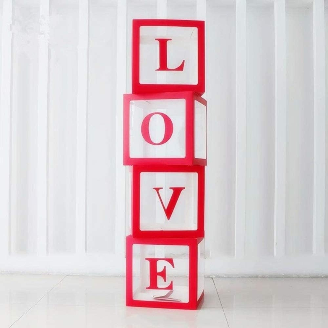 Set 4 Cutii pentru Baloane, Flippy, Model Scris Love, Tematica Iubire, Cuburi Decorative din Plastic, Accesorii pentru Petrecere, 30x30 cm, Transparente Contur Rosu