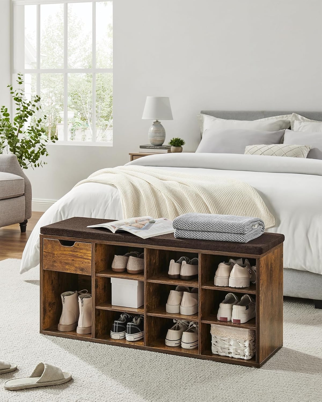 VASAGLE Banca de depozitare cu suport pentru pantofi, 10 compartimente si dulap, cu perna, 30x104x48cm, maro rustic