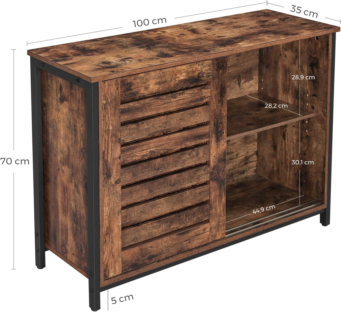 VASAGLE Comoda cu usi glisante pentru bucatarie sau living, cadru metalic, stil industrial, 100x35x70 cm, maro rustic