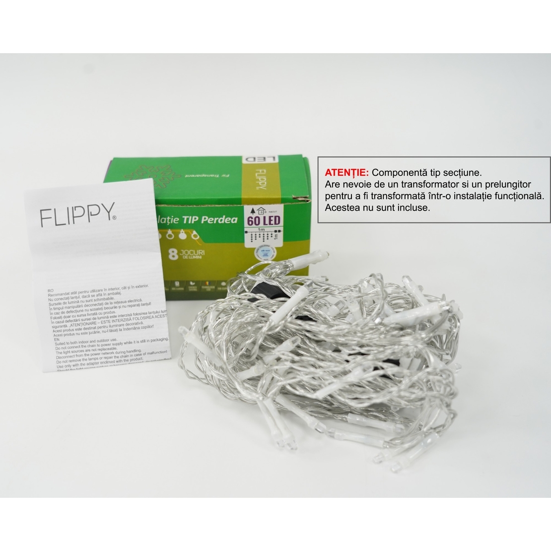 Sectiune Instalatie de Craciun Vafy Tip Perdea, 8 jocuri de lumini, 1x1 m, 60 LED-uri, Interconectabila, Fir Transparent, Alb Rece