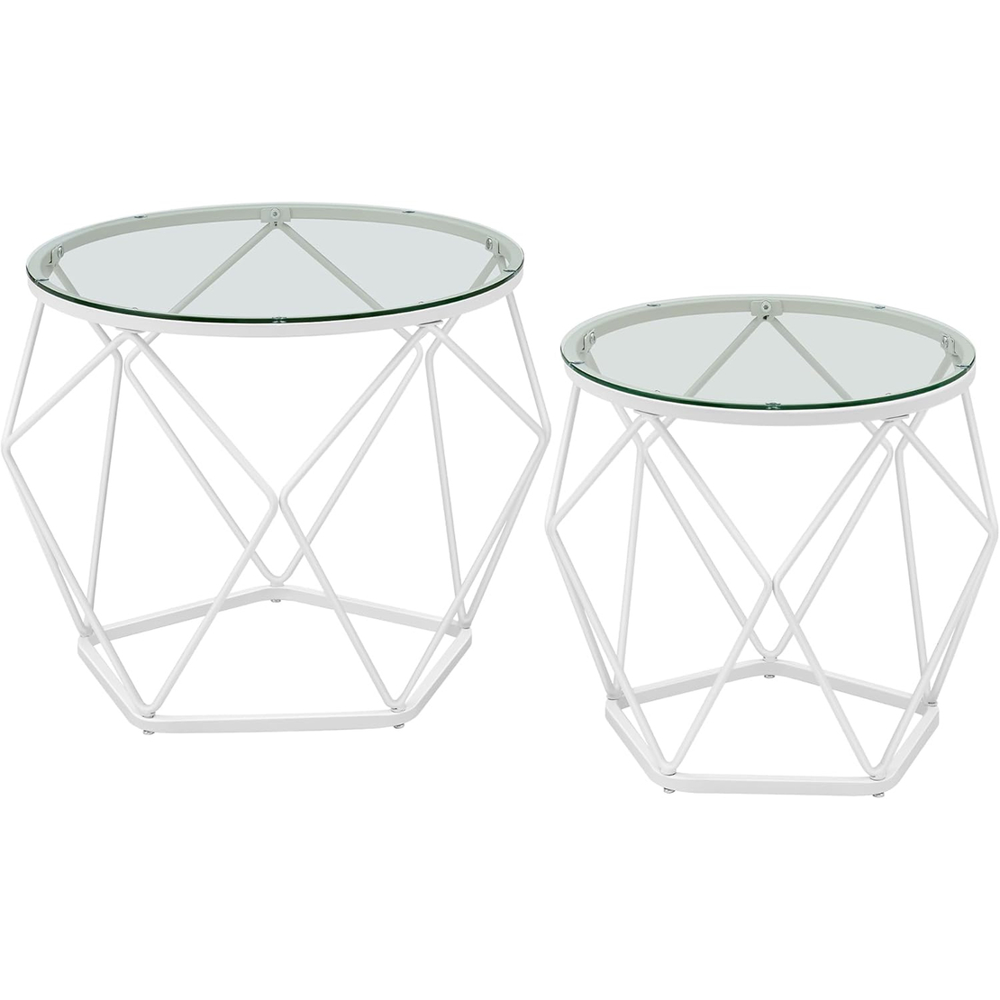 VASAGLE Set 2 masute rotunde, blat sticla securizata, cadru metalic alb, 40 si 50 cm, alb
