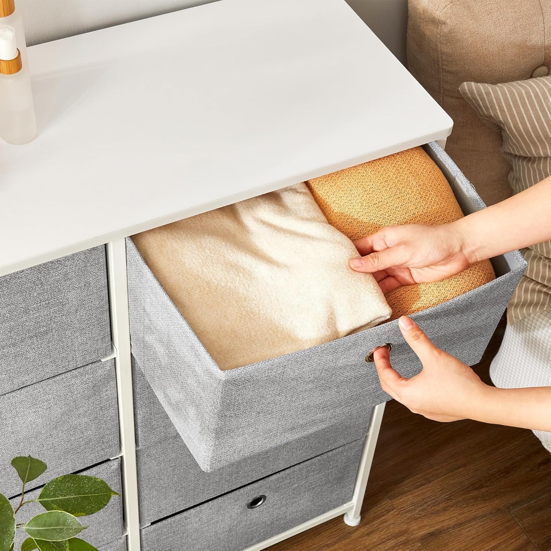 SONGMICS Comoda cu 8 sertare din material textil, cadru metalic si blat MDF, 80x30x81 cm, gri si alb