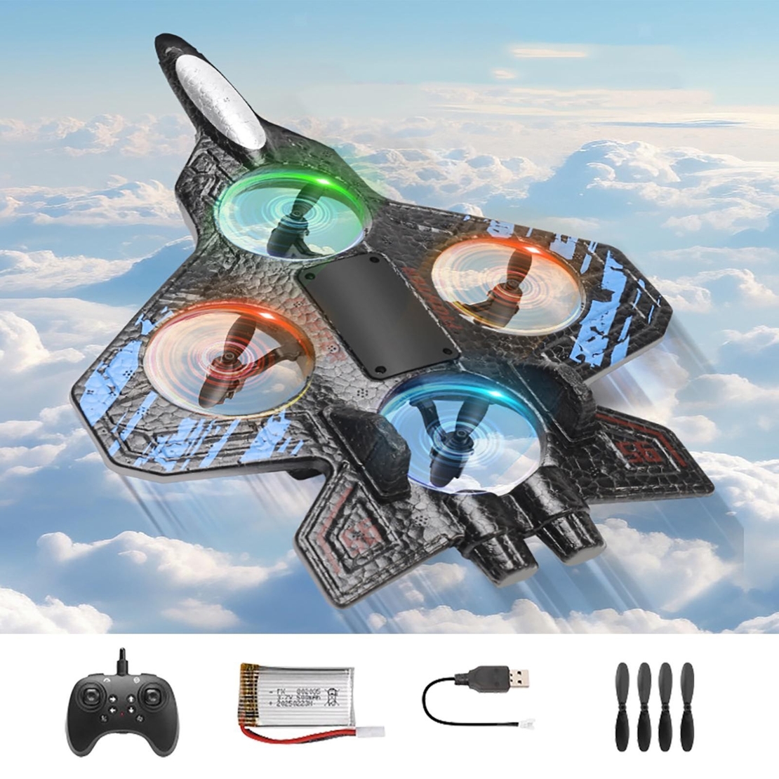 Avion de Lupta cu Telecomanda, Flippy, Tip Drona, din EVA (Spuma), cu Telecomanda, Incarcare USB, 2.4 GHz, Rotire 360°, Zbor pana la 120 m, LED, 25.5 x 18 x 5.2 cm, Negru-Albastru