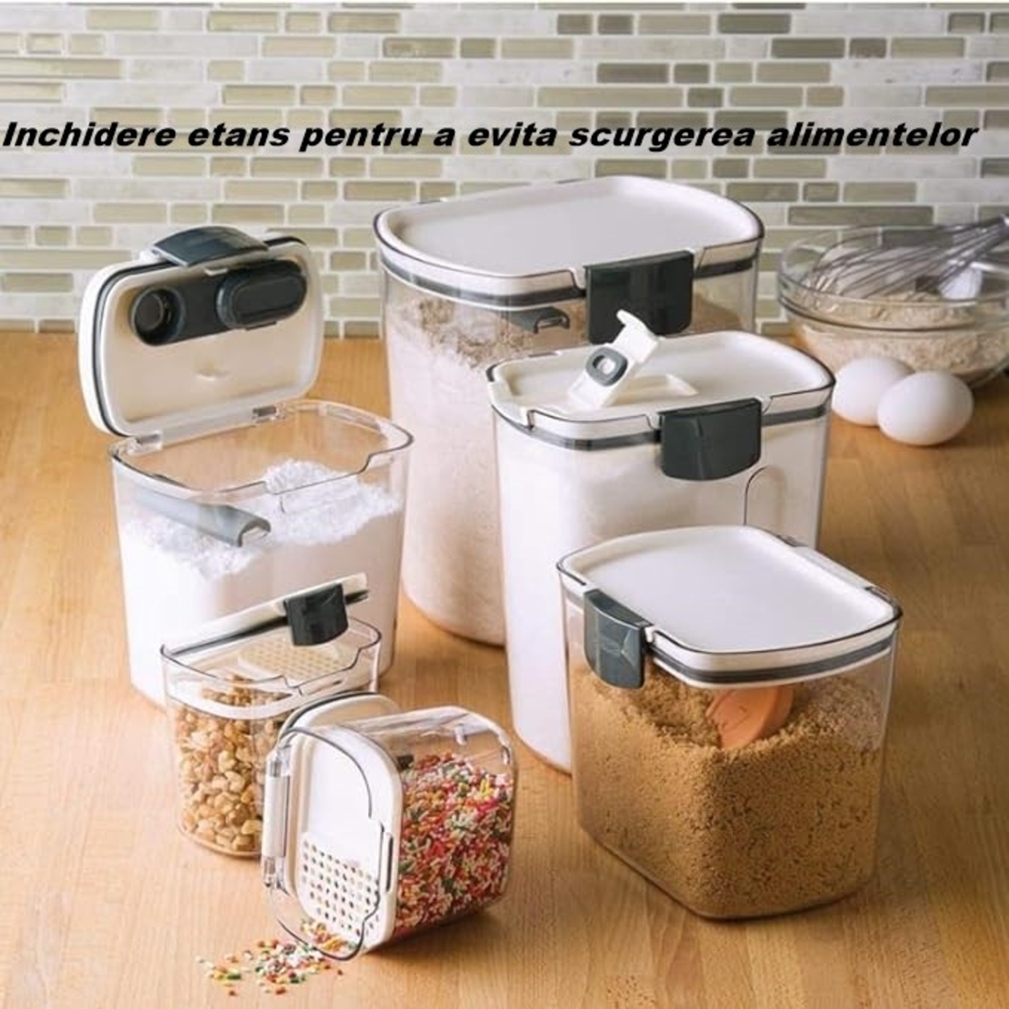 Set 4 Recipiente Depozitare Alimente, Flippy, pentru Organizare Bucatarie, cu Inchidere Ermetica, Transparent, Plastic fara BPA, Compatibile cu Masina de Spalat Vase, Diferite Dimensiuni, 350 ml, 1300 ml, 2700 ml, 4600 ml