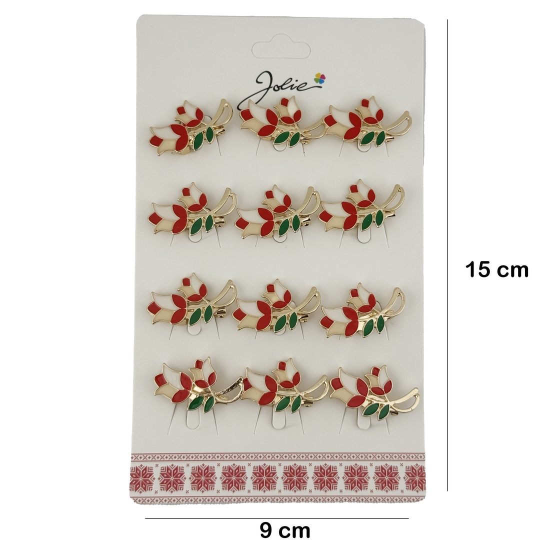 Set 12 Brose Martisor Primavara Lalele cu Motiv Traditional, Jolie, Brose din Metal, Aspect Lacuit, 2,5 x 1,5 cm per Unitate, Rosu