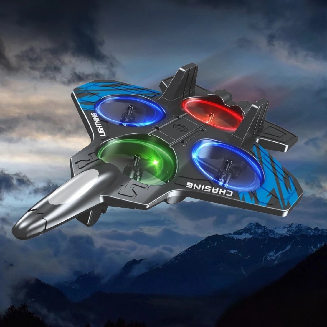 Avion de Lupta cu Telecomanda, Flippy, Tip Drona, din EVA (Spuma), cu Telecomanda, Incarcare USB, 2.4 GHz, Rotire 360°, Zbor pana la 120 m, LED, 25.5 x 18 x 5.2 cm, Negru-Albastru