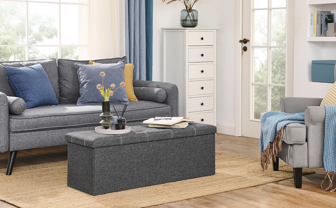 SONGMICS Bancheta pliabila cu spatiu de depozitare 110x38x38 cm, MDF si material textil, capacitate 300 kg, gri inchis
