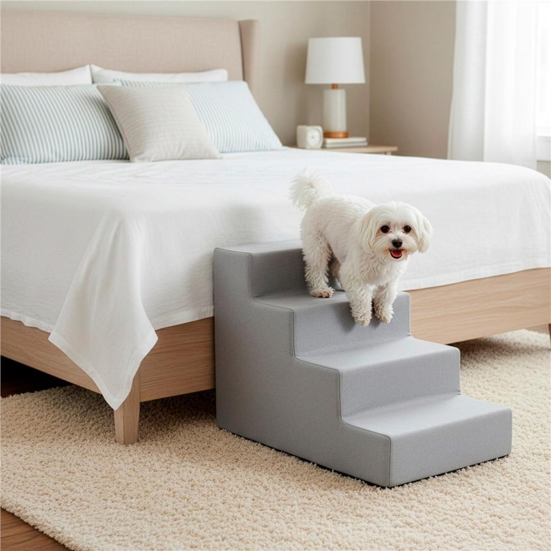 Scara pentru animale de companie, caini sau pisici, 4 trepte, antiderapanta, husa detasabila, inaltime 40 cm, gri deschis