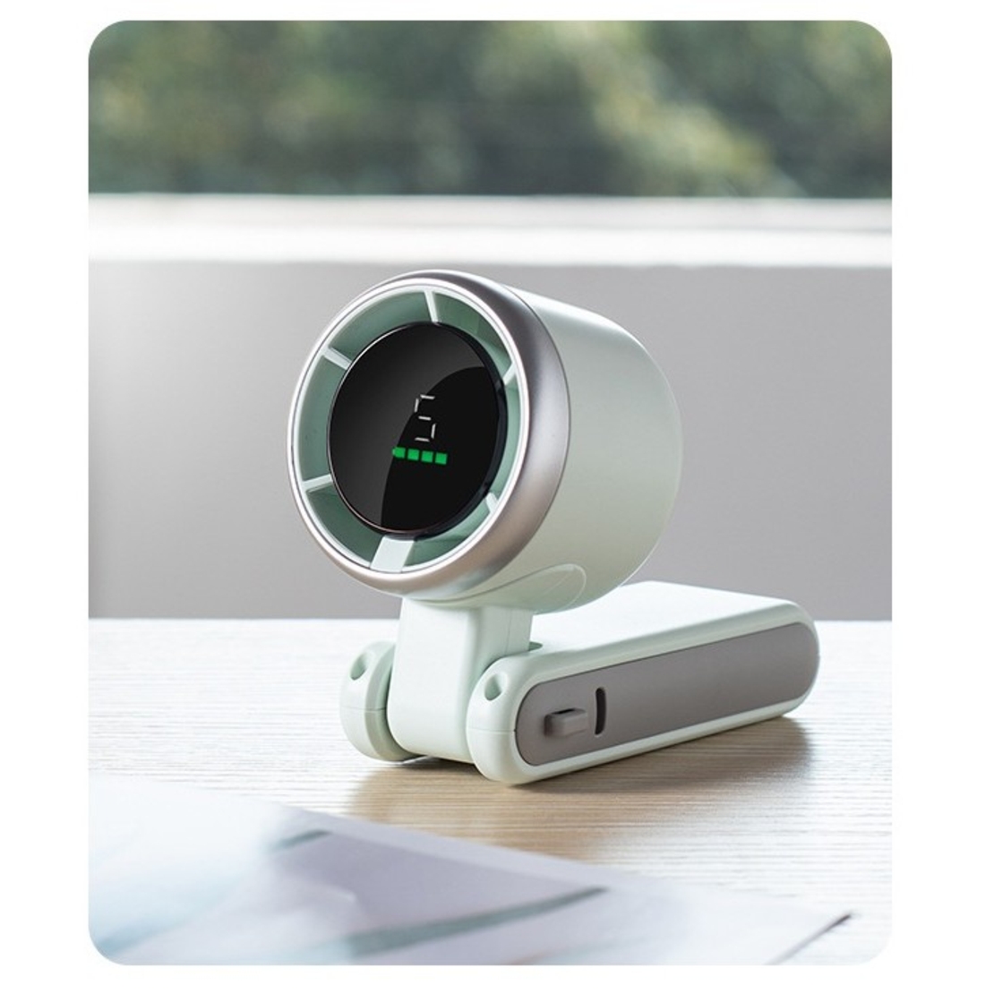 Mini Ventilator Portabil, Vafy, 5 Trepte de Viteza, Afisaj Digital, Incarcare USB, 5V, 2A, 5.95 x 5.2 x 17.2 cm, Verde