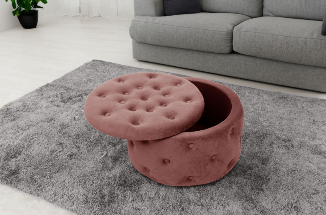 Taburet Alia cu spatiu depozitare, tapitat cu velur, 55x30 cm, roz