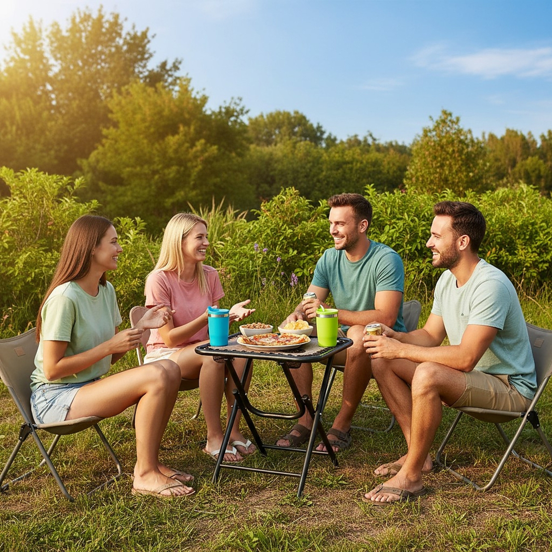 Masa turistica pliabila pentru camping, cu suport pahare, 50x50x50 cm, maro