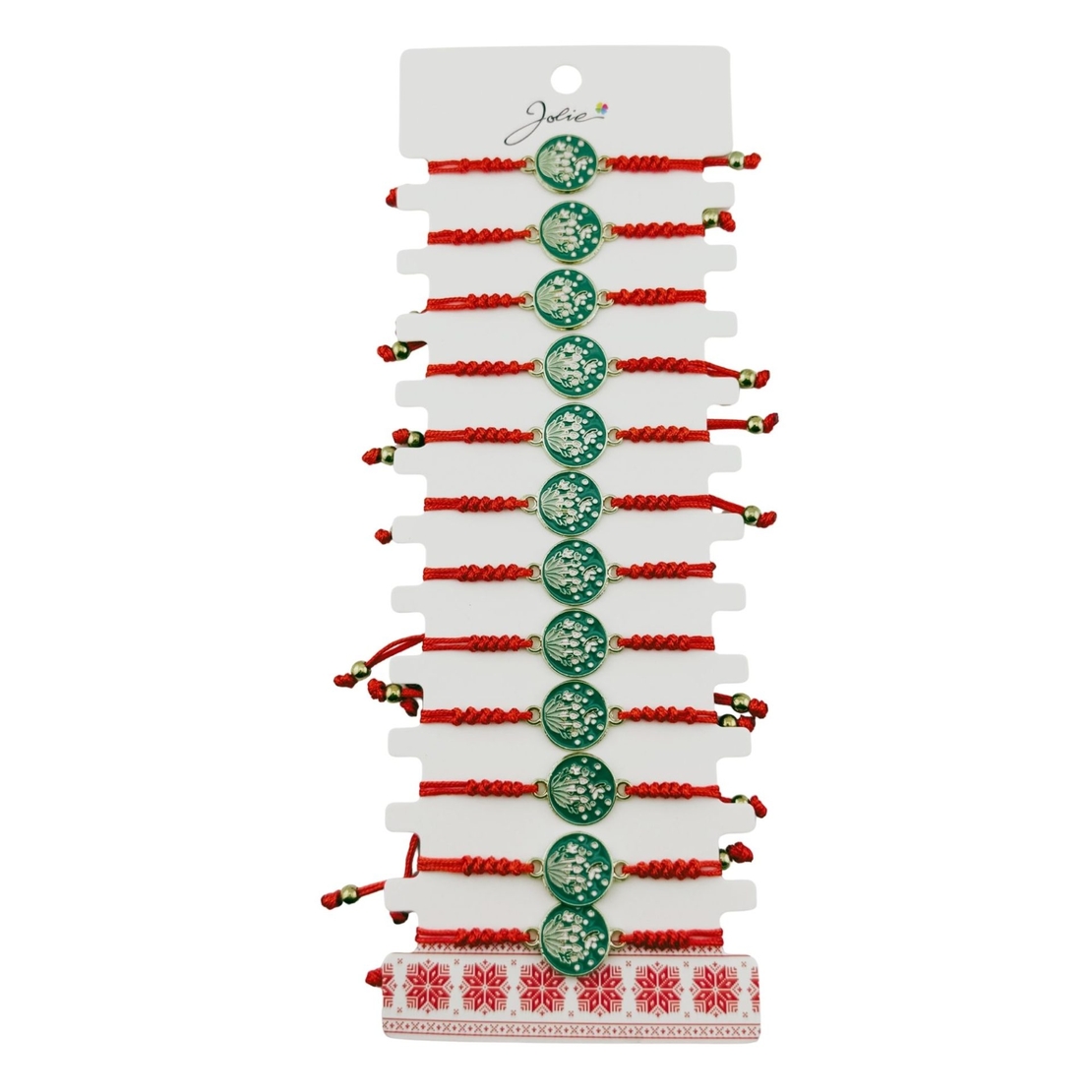 Martisor Bratara pentru Dama si Copii, Jolie, Model Lacramioare de Primavara, Set 12 bucati, Pandantiv Emailat Rotund, Snur Reglabil, Rosu/Verde
