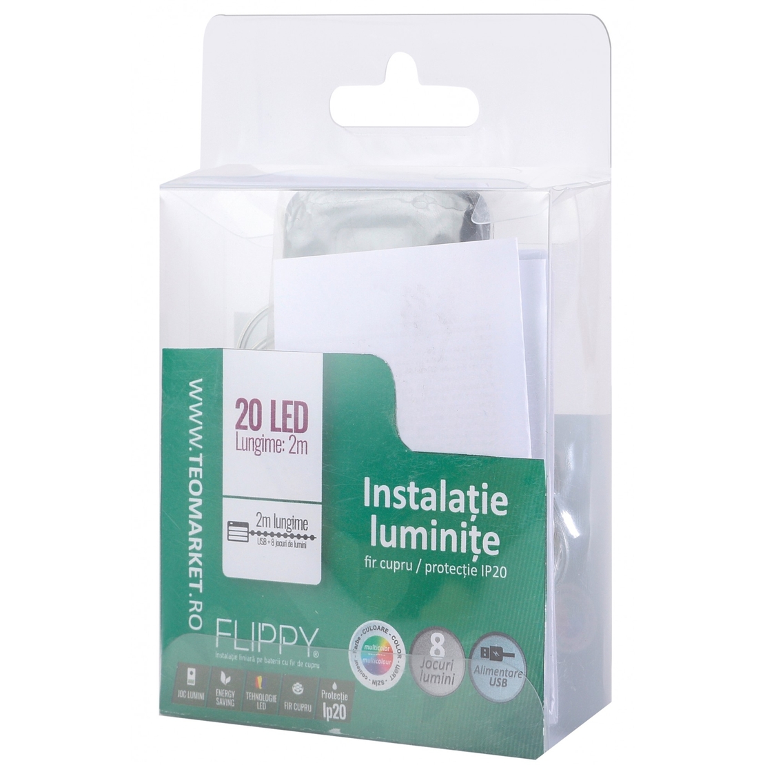 Instalatie Craciun, 2 metri, 20 LED-uri, multicolor, telecomanda 8 functii, USB, fir cupru, liniar, interior/exterior, Vafy