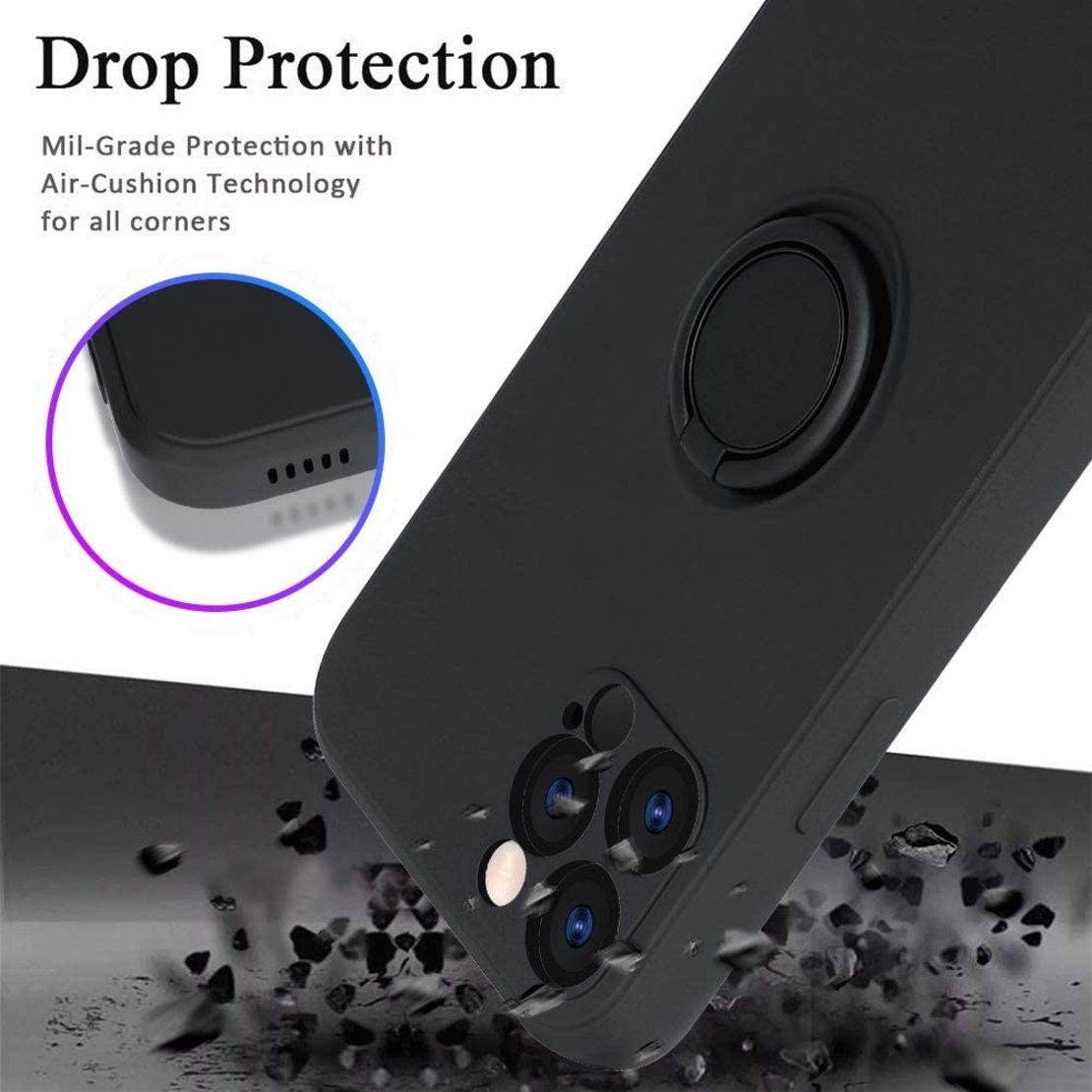 Husa protectie Vafy compatibila cu Apple iPhone 12 Pro Max Liquid Silicone Ring cu suport rotativ Negru