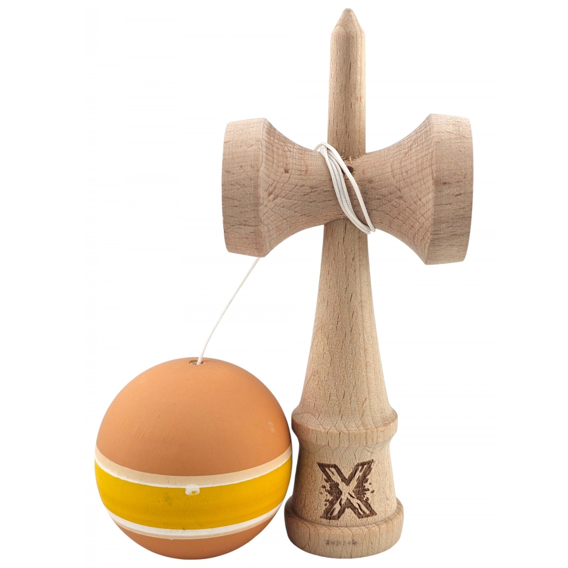 Kendama X Originala, Profesionala, Flippy, din Lemn cu Bila cu Invelis din Cauciuc, 18 x 6 x 7 cm, Rubber Grip, Portocaliu/Galben/Alb