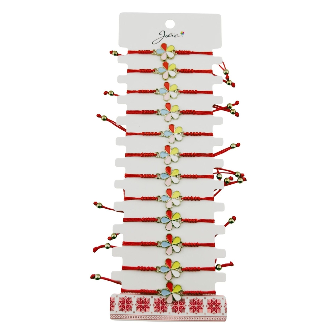 Martisor Bratara pentru Dama si Copii, Jolie, Model Floare Multicolora, Set 12 bucati, Pandantiv Emailat, Snur Reglabil, Rosu