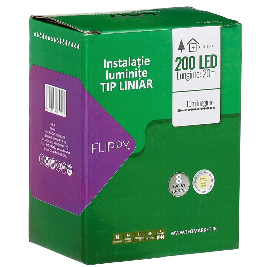 Instalatie Craciun liniara, cu transformator, 20 m, Alb Cald, 200 LED-uri V5, 8 jocuri de lumini, fir verde, Vafy