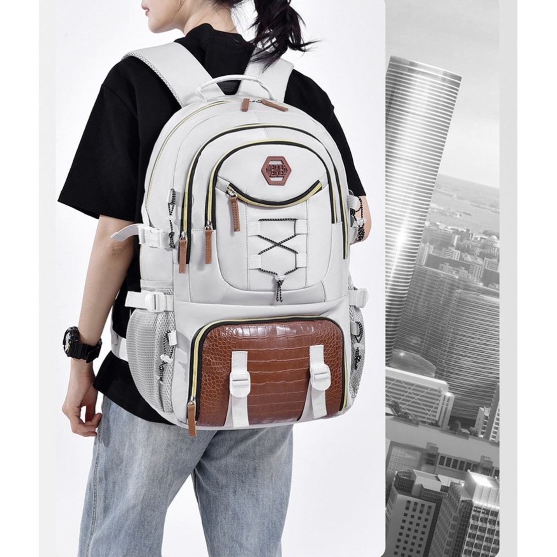 Rucsac Multifunctional pentru Calatorie, Flippy, pentru Alpinism, Voiaj, Drumetii, din Panza Oxford, 34x16x52 cm, Alb