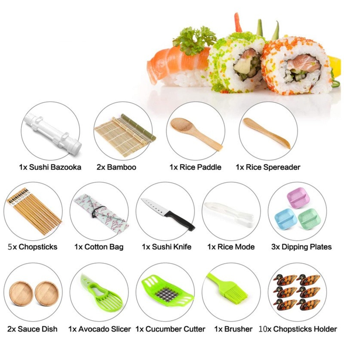 Set Ustensile pentru Sushi, Flippy, Set din 31 Accesorii pentru Sushi, Set pentru Sushi HOME MADE, Cutit Inclus, Forme, Betisoare, Multicolor