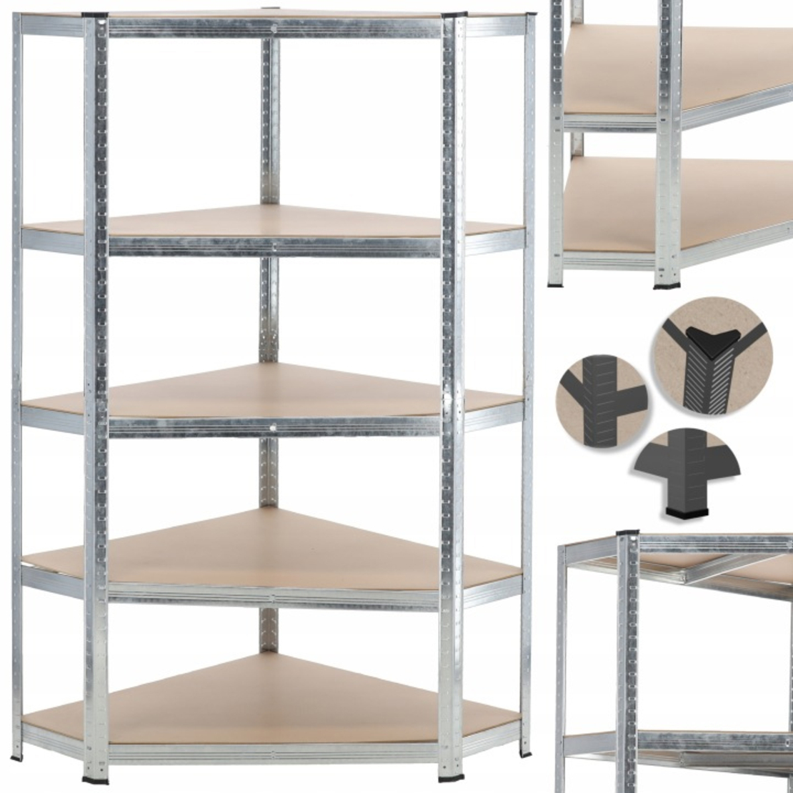 Raft depozitare metalic colt 5 niveluri cu polite MDF, structura otel galvanizat, 180x90x30 cm, argintiu