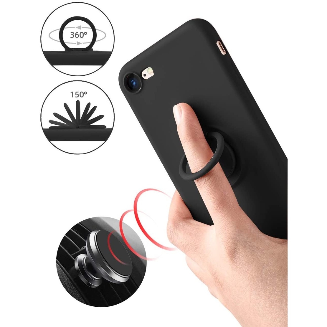 Husa protectie Vafy compatibila cu Apple iPhone 7/8/SE 2020 Liquid Silicone Ring cu suport rotativ Negru