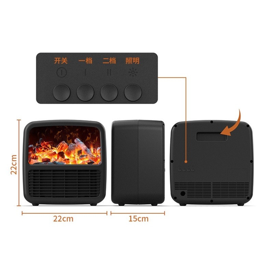 Mini Aeroterma Portabila, Vafy, Display LCD, Flacara Tip Semineu, 1500W, 2 Trepte, Oprire Automata, 22 x 22 x 15 cm, Negru
