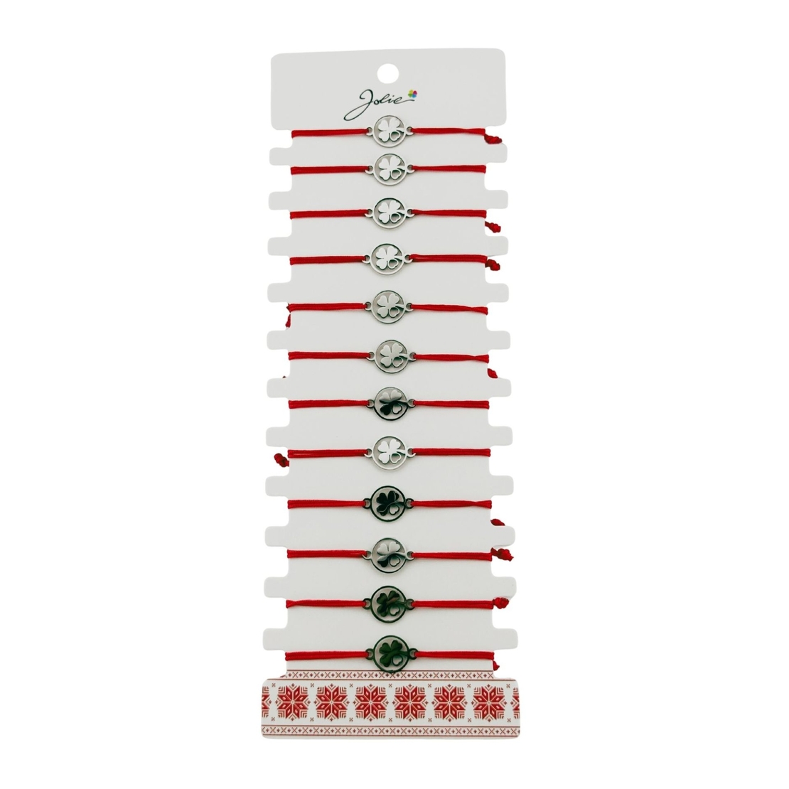 Bratara Martisor pentru Dama, Jolie, Model Trifoi cu Inima, Set 12 bucati, Pandativ Argintiu din Inox cu Snur Rosu Ajustabil