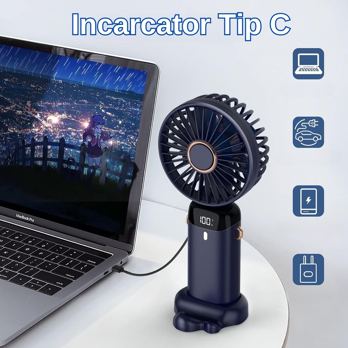 Ventilator Ultra Portabil cu Aromaterapie, Vafy, 3 in 1, de Mana, de Birou, de Gat, 5 Trepte de Viteza, Incarcare USB, Autonomie 12h, Pliabil, cu Ecran LCD, Albastru