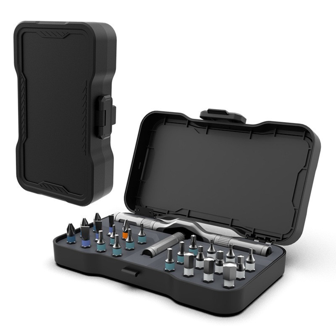 Set Surubelnita Cu Clichet, Vafy, 24 Piese, Sistem de prindere multipla, ergonomic si adaptiv, 16 × 9,3 × 3,6 cm, Negru