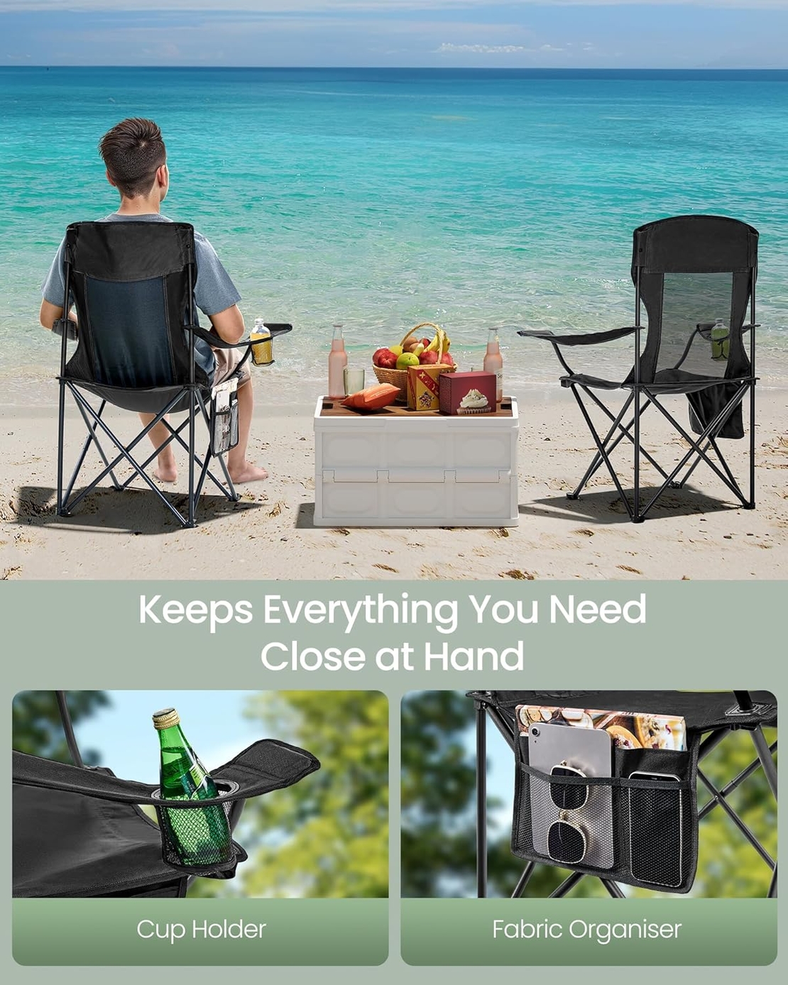 SONGMICS Set 2 scaune pliabile camping cu spatar inalt si suport bauturi, husa transport, 150 kg, 52x87x97 cm, negru