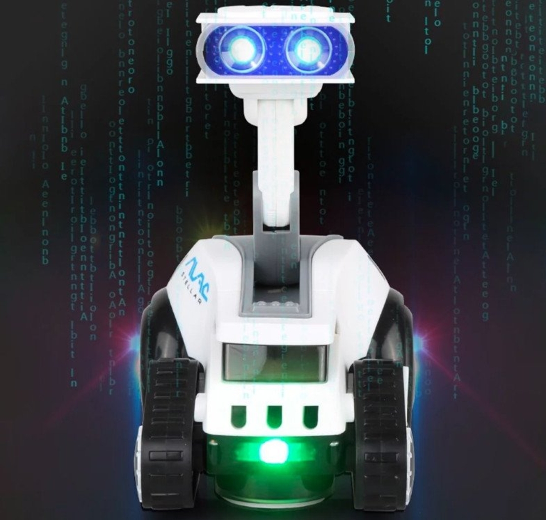 Robot rover interactiv pentru copii cu muzica, lumini, dans si invatare engleza, 19x16x11 cm, alb