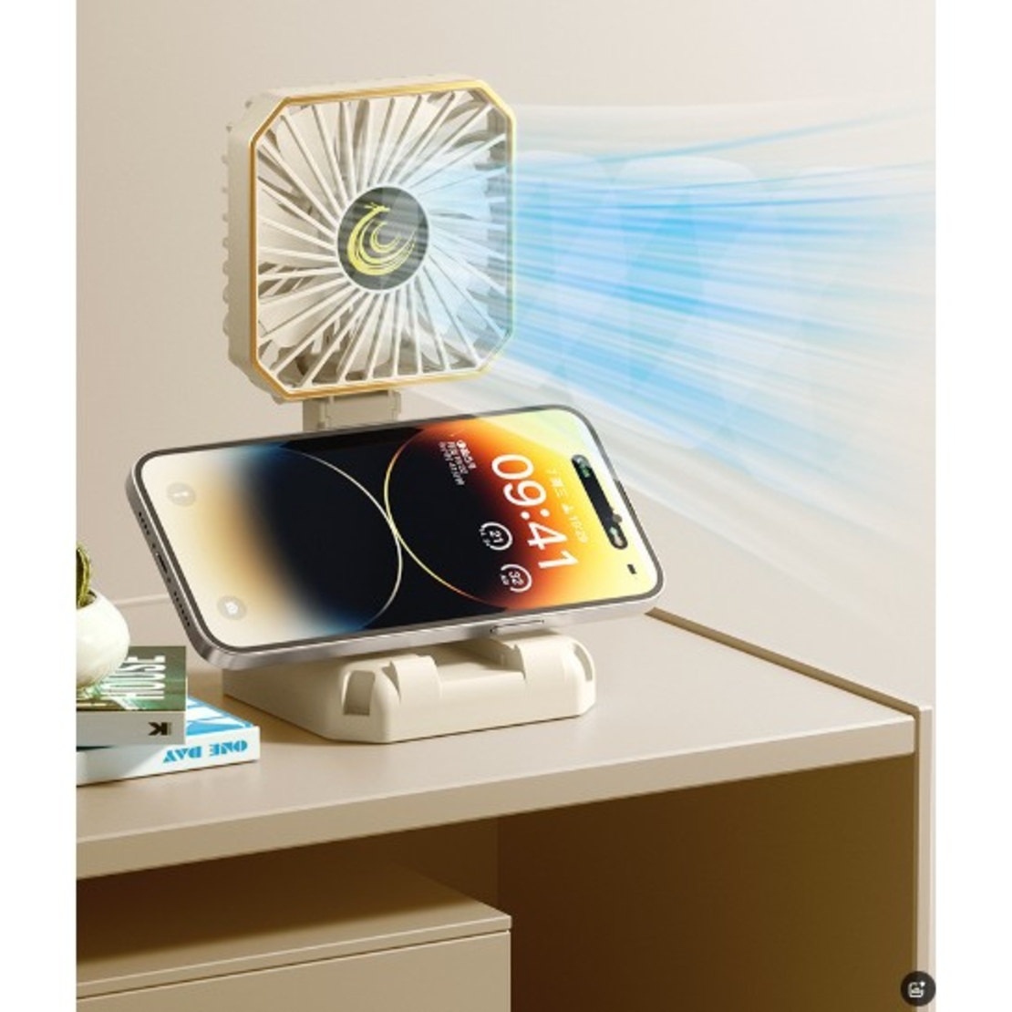 Ventilator Portabil, Vafy, de Gat, de Birou, Suport Telefon, 14 x 7 cm, Incarcare USB, din ABS, 3 Viteze, Bej