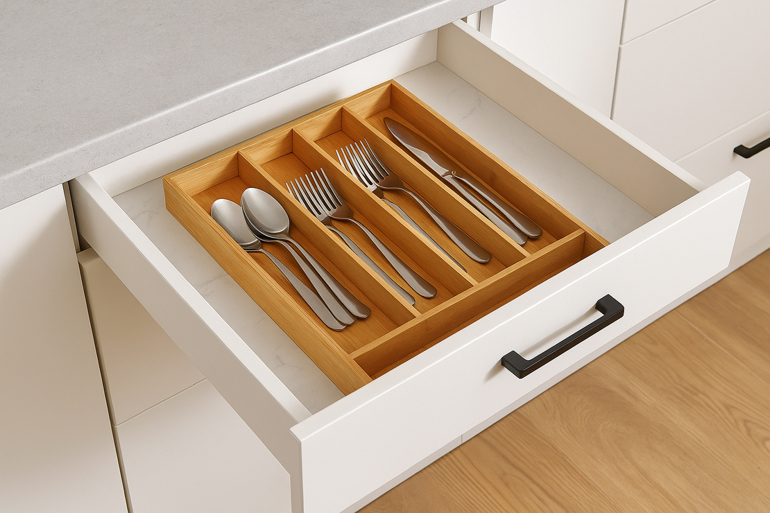 Organizator tacamuri 5Five din bambus si MDF cu 5 compartimente, 34x25 cm, maro natural