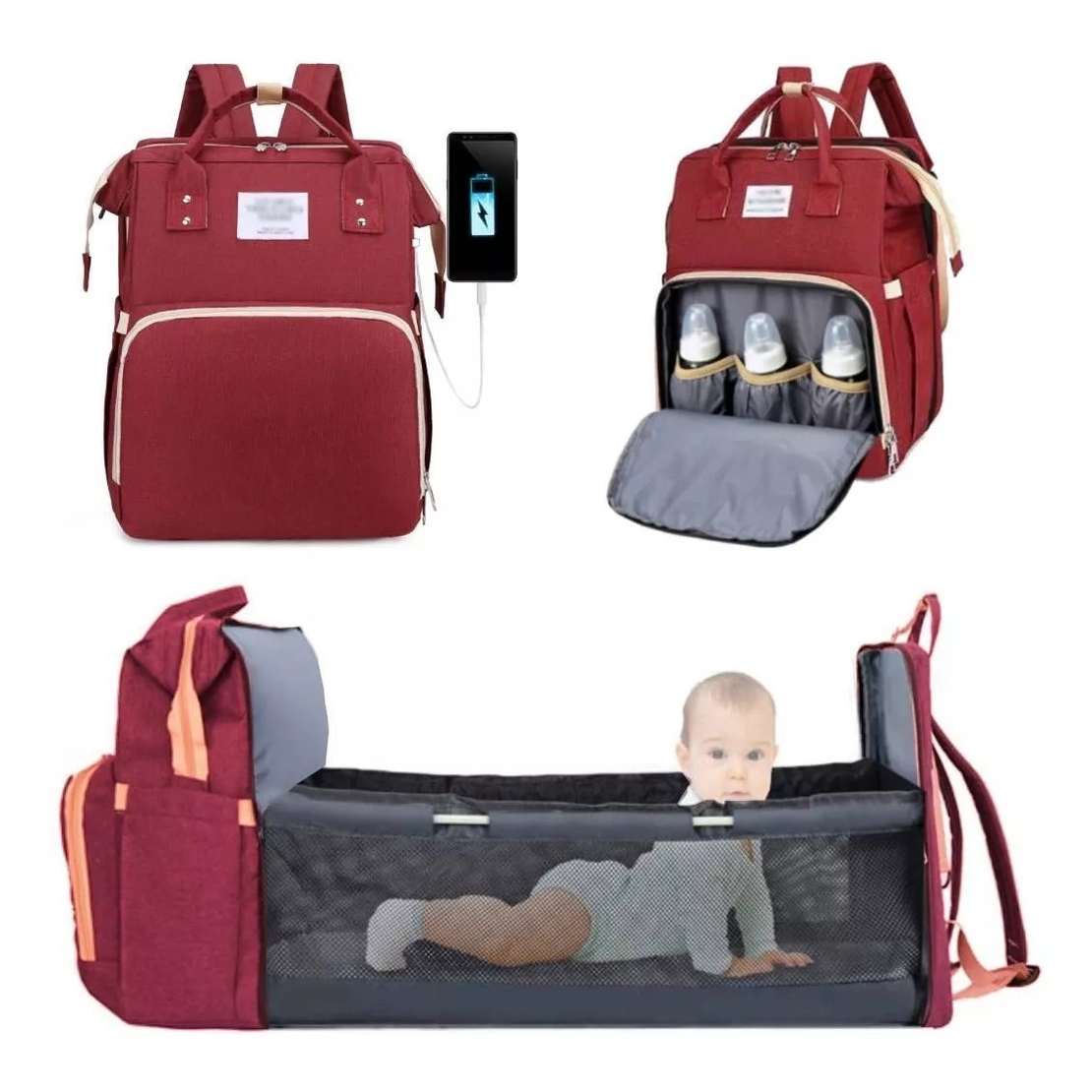 Rucsac Multifunctional pentru Mamici, Flippy, cu Patut Pliabil si Baza de Schimbat, Rezistent la Apa, Capacitate Mare, Usor, Compartimente Multiple