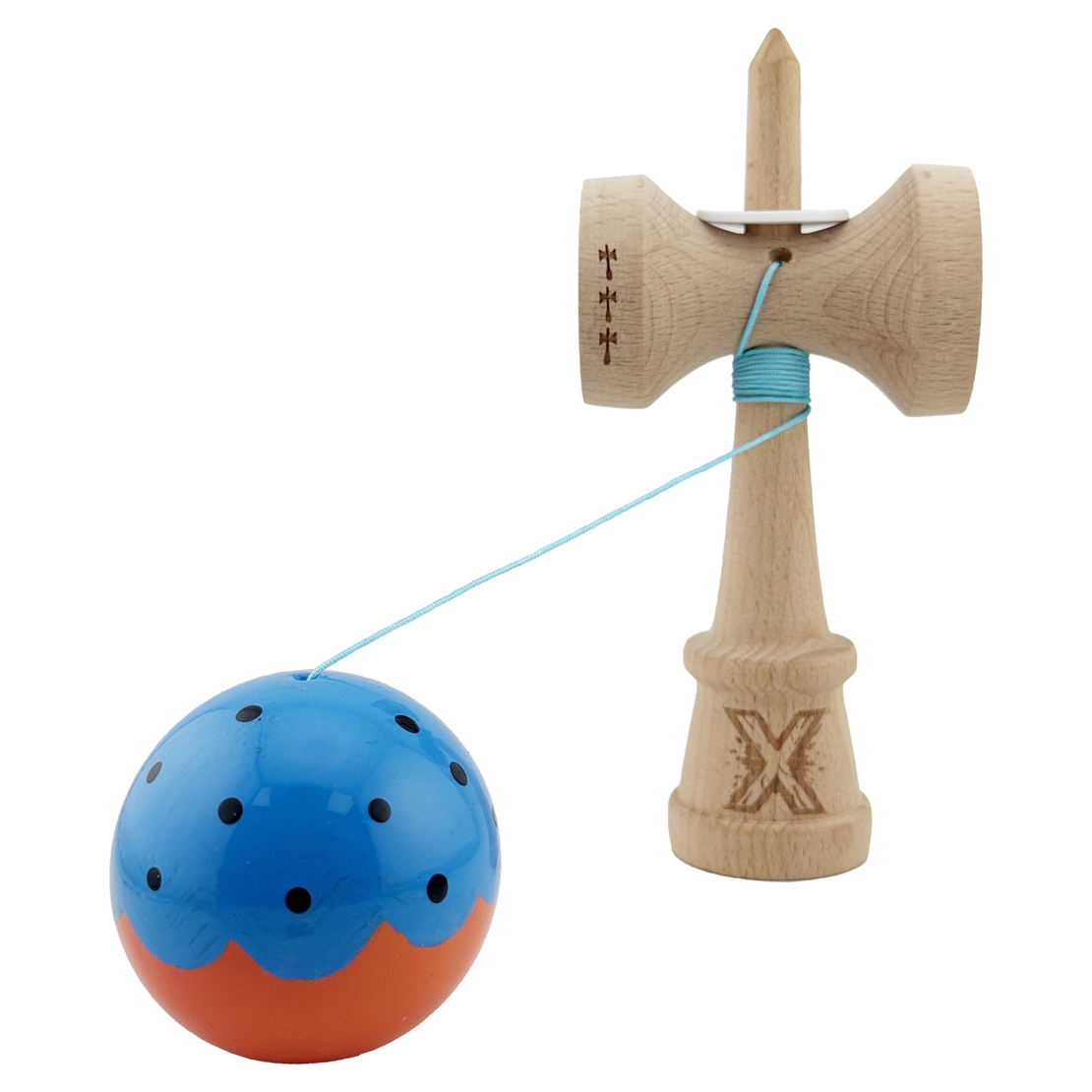 Kendama X Originala, Profesionala, Flippy, Super Sticky cu Cupe Mari KING SIZE V3, Gaura in Baza, Rulment Metalic, din lemn 18 cm, Ata 62/65 cm, Special Albastru/Portocaliu