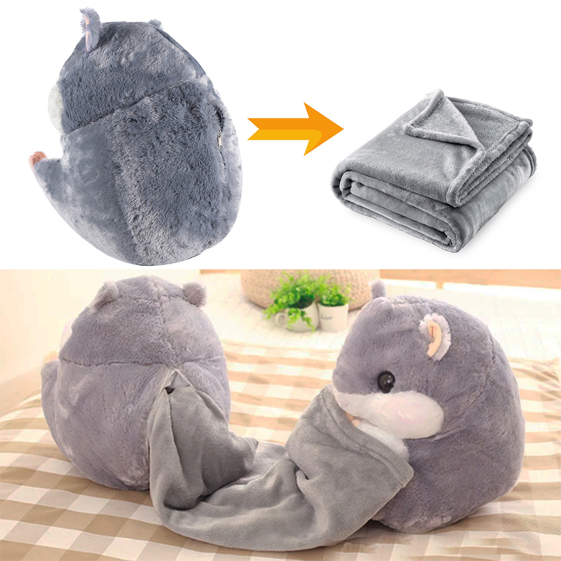 Jucarie plus hamster cu paturica ascunsa, plus moale pentru copii, 50x28 cm, gri