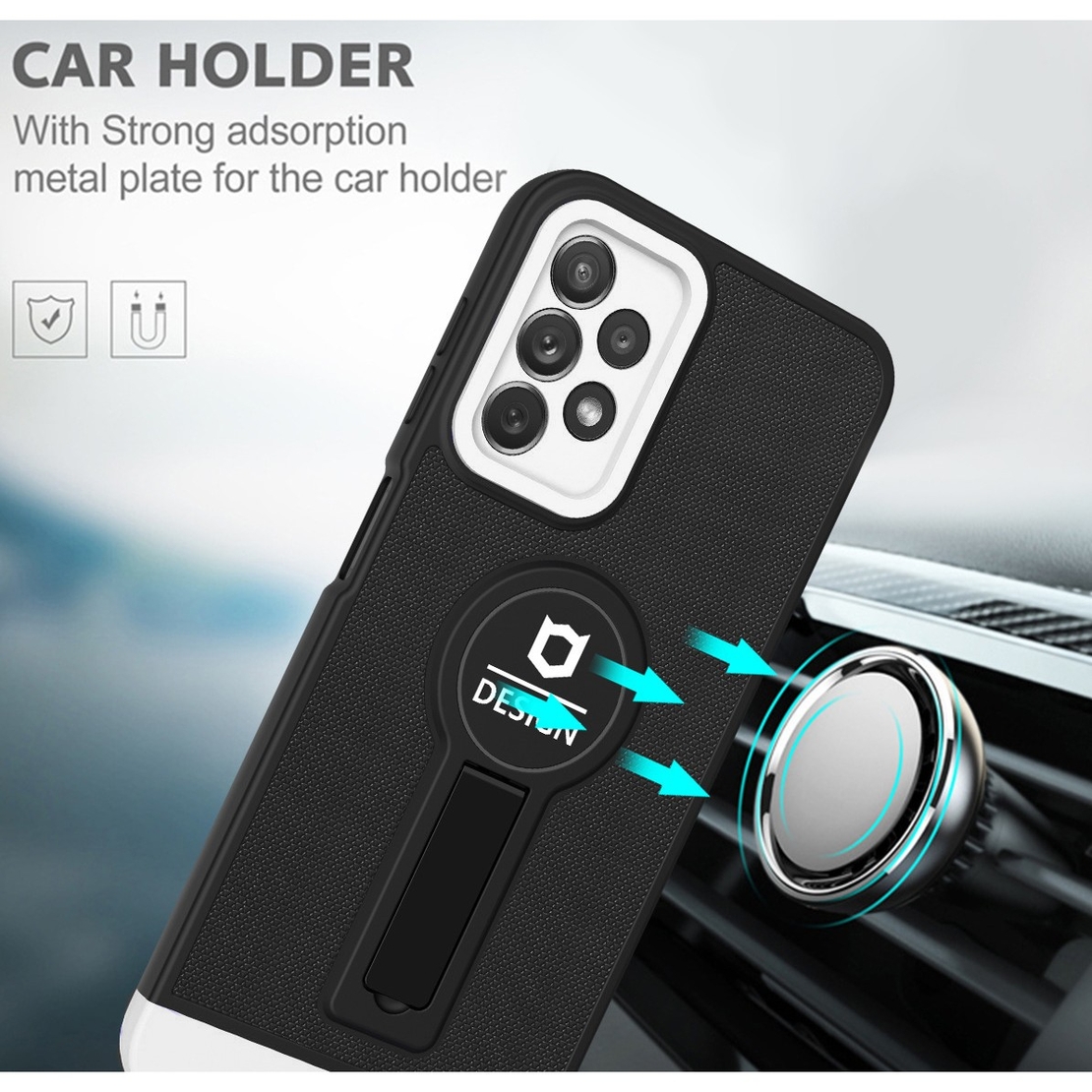 Husa Armor Design cu Stand pentru iPhone 11, Negru/Alb, Suport Auto Magnetic, Wireless Charge, Protectie Antisoc, Vafy
