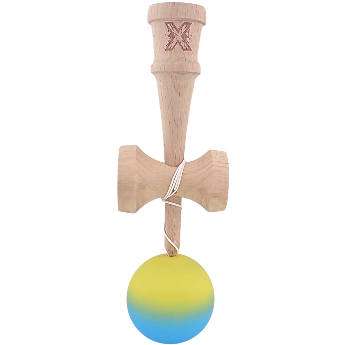 Kendama X Originala, Profesionala, Flippy, 18 cm, Profesionala, +9 Ani, din Lemn, Gradient Galben/Albastru