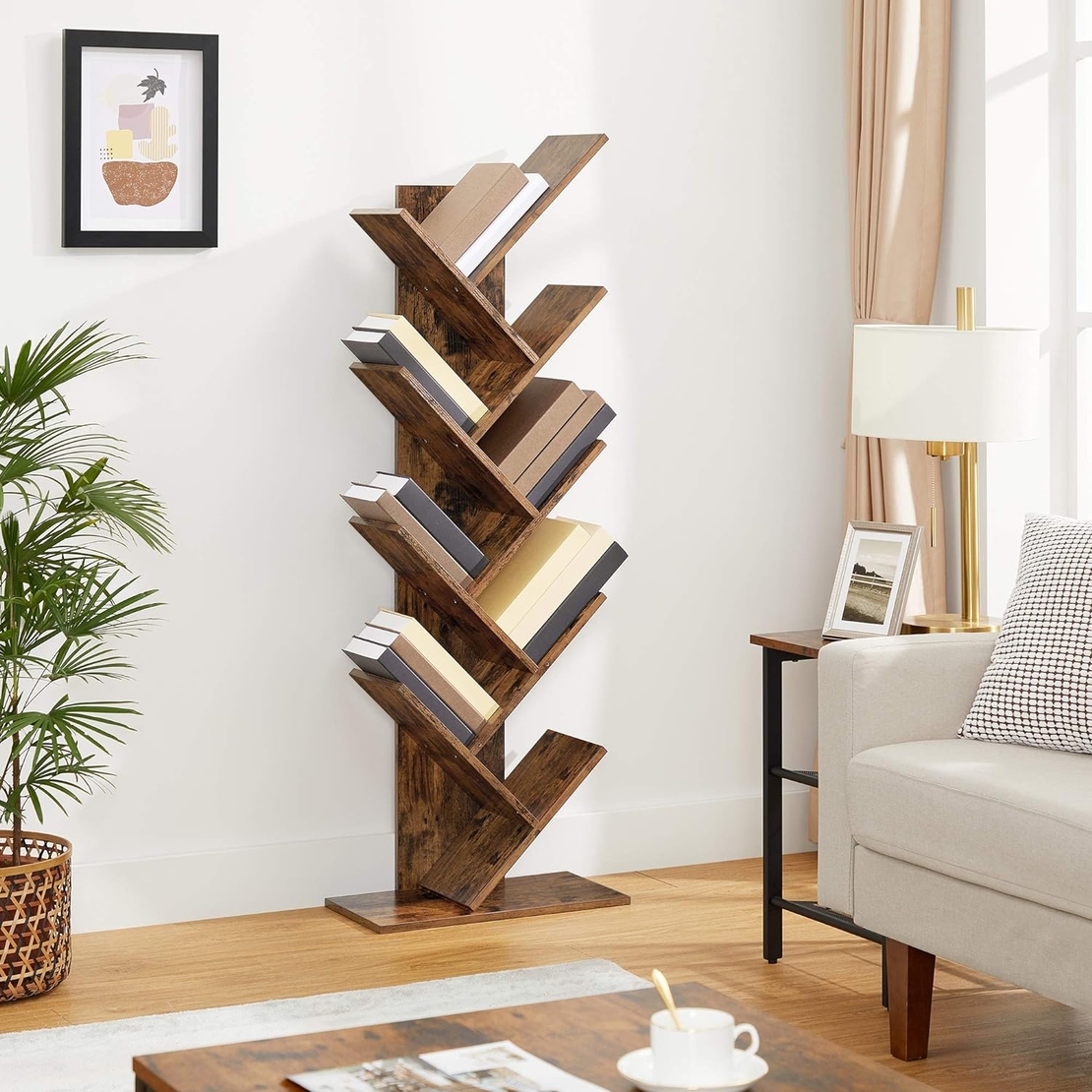 VASAGLE Biblioteca de podea cu 8 etaje, cu rafturi din lemn in forma V, 25x141x50cm, maro rustic