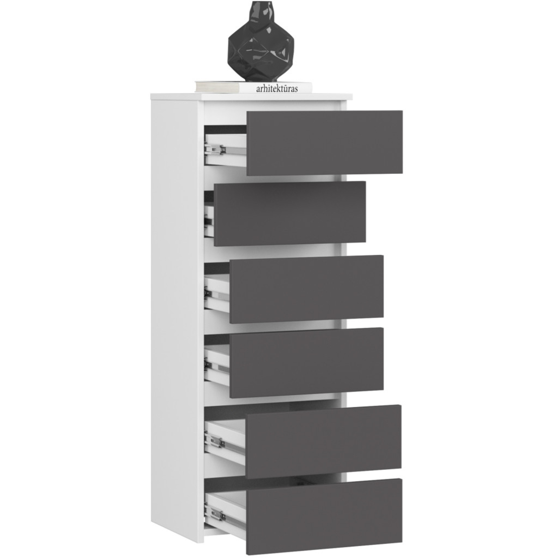 Comoda cu 6 sertare, PAL laminat 16 mm, 40x35x109 cm, alb si gri