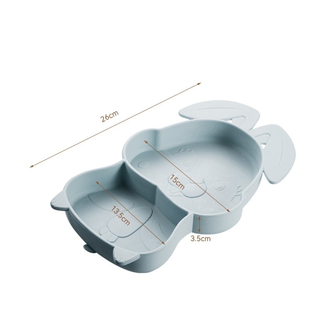 Set diversificare bebelusi Flippy, din silicon, 26 x 15 cm, 1 farfurie compartimentata in forma de iepure, lingurita si furculita, pai, perie pai, fara alergeni, ventuza fixare, forma creativa, bleumarin