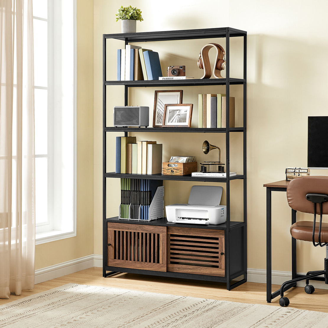 VASAGLE Biblioteca cu 5 rafturi si dulap, rama metalica si finisaj MDF nuc, 100x35x180 cm, negru