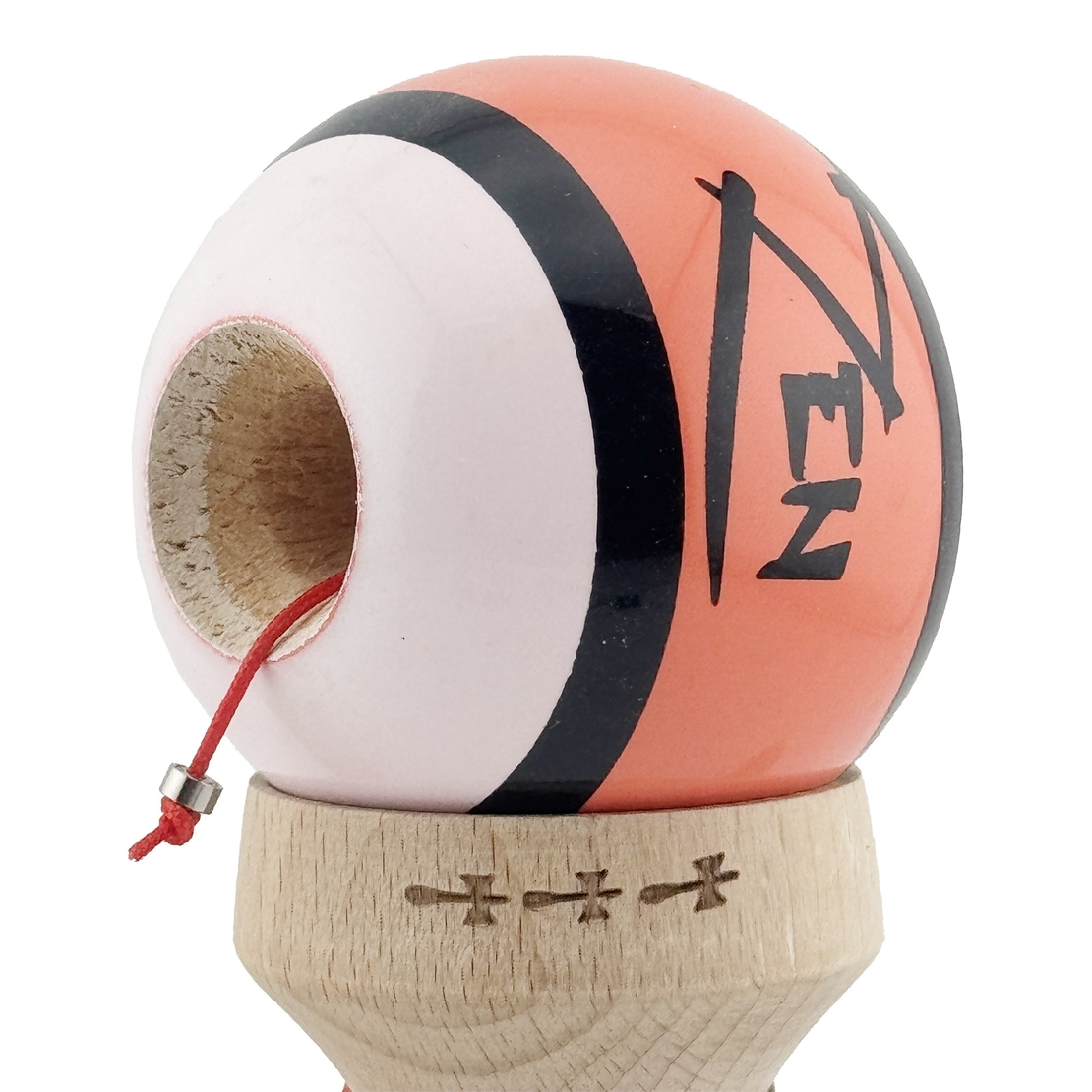 Kendama X Zen Series Originala, Profesionala, Flippy, Cupe Mari KING SIZE V3, Super Sticky, Gaura in Baza, Rulment Metalic, din lemn 18 cm, Ata 62/65 cm, Coral