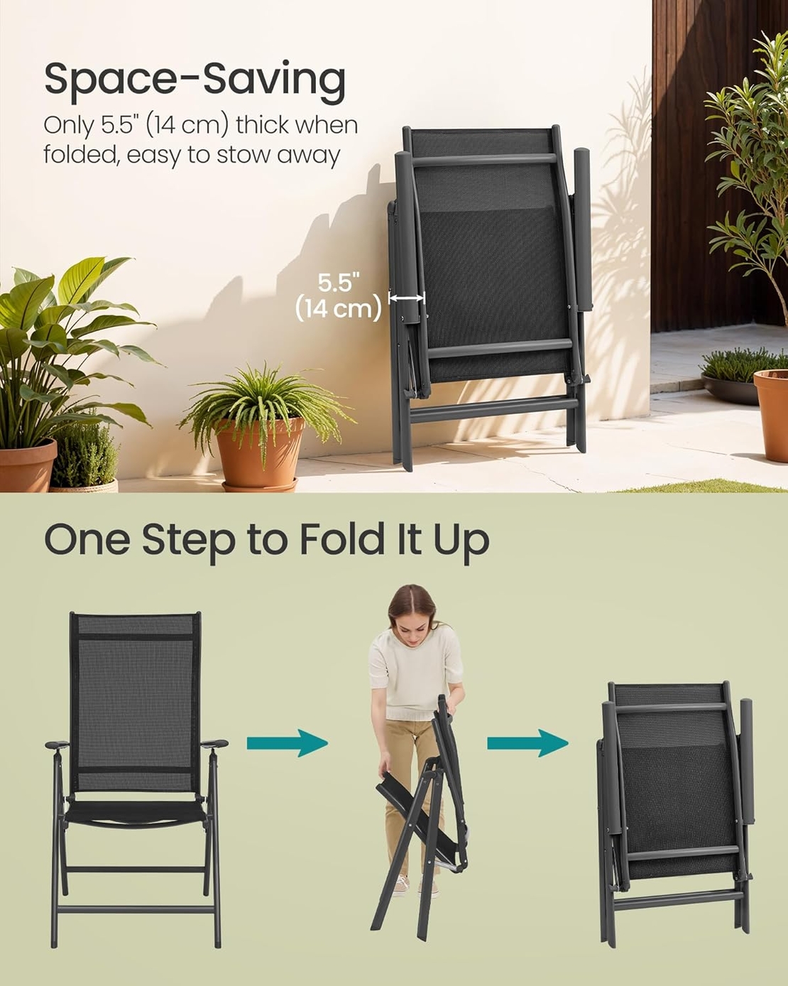 SONGMICS Set 2 scaune gradina pliabile cu spatar reglabil 8 pozitii, 150 kg, 56x70x106 cm, negru