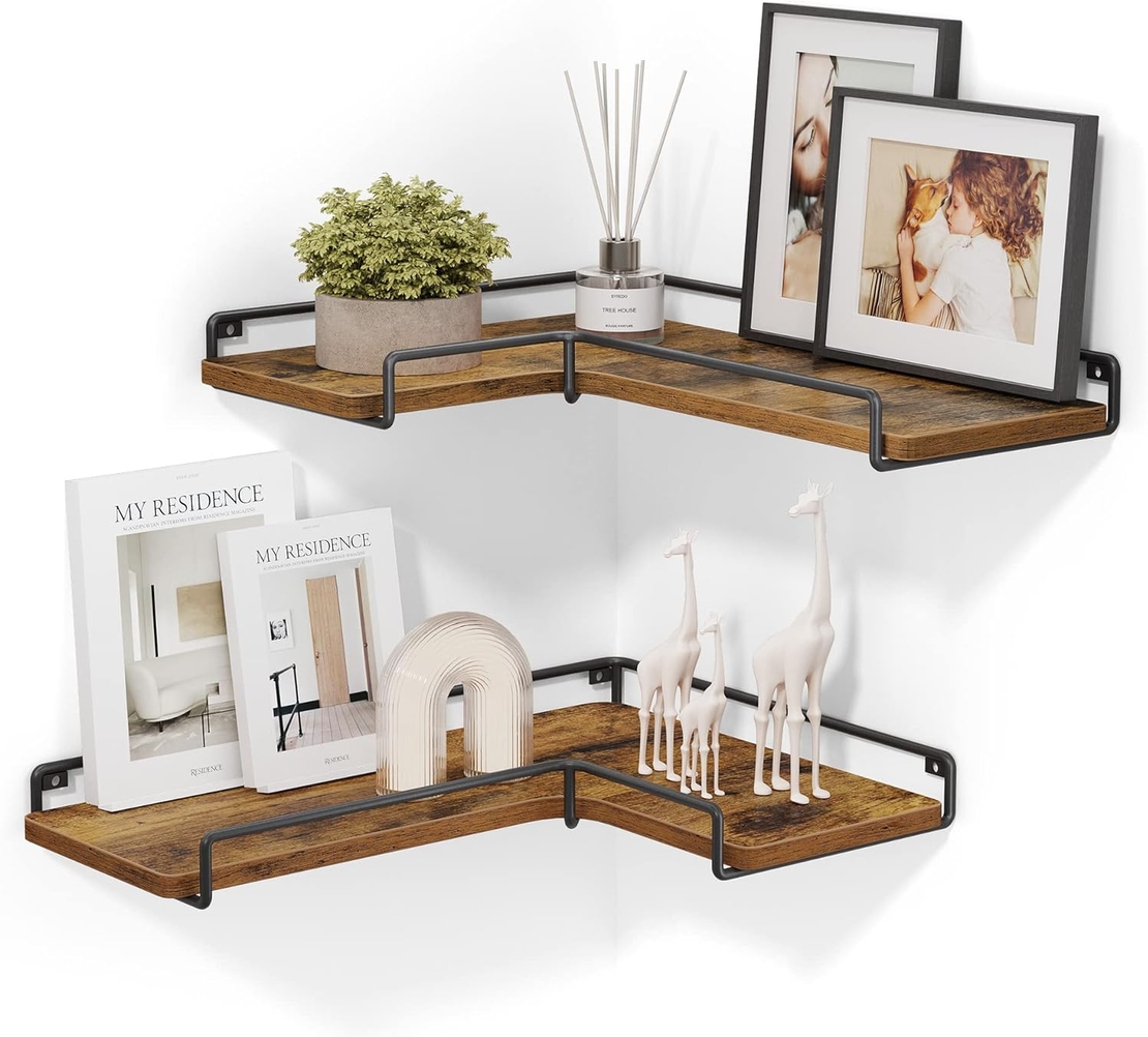 VASAGLE Set de 2 rafturi plutitoare de colt in forma de L, stil industrial, 40x29x14cm, maro rustic și negru