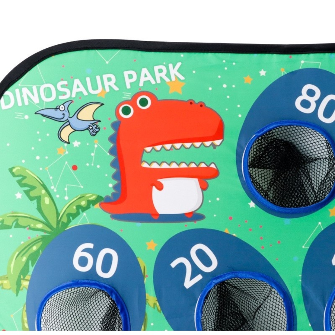 Joc pentru Copii, Flippy, Aruncarea Sacilor cu Nisip, Sageti, 8 Mingi, 4 Saci, Geanta Portabila, Interactiv, Model Dinozauri, 77.5x44.5x42 cm, Multicolor